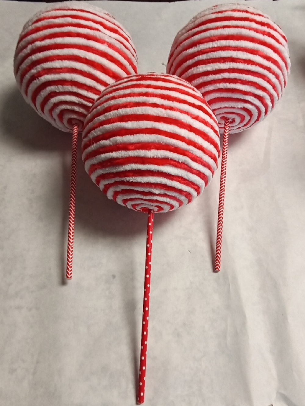6" Red and White Chenille Striped Decorative  Ball Picks (Set of 3)